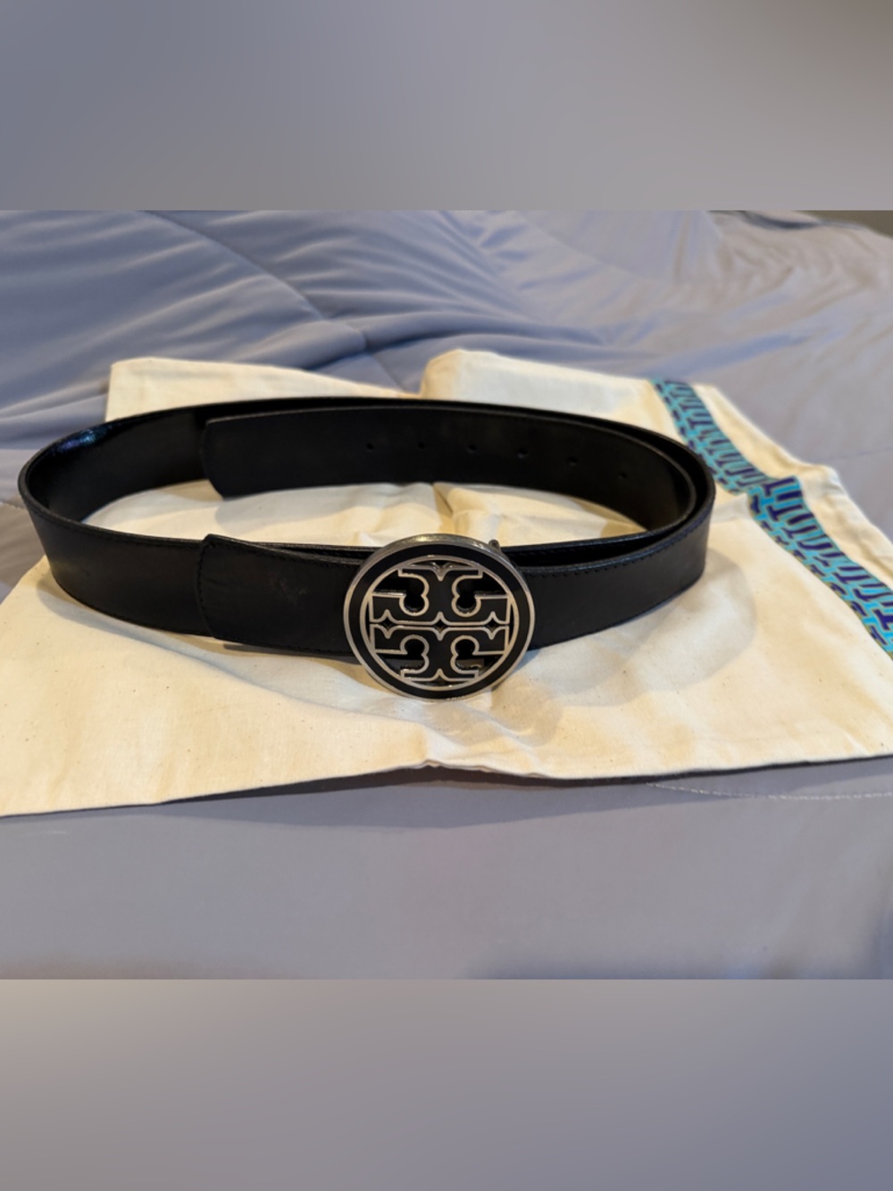 Tory Burch Black Leather Belt with Silver-Tone Logo Buckle